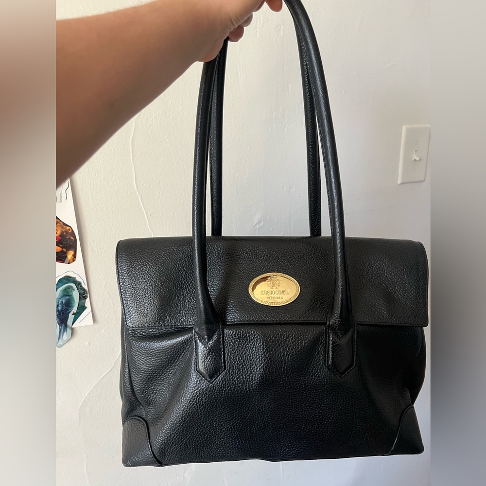 Roberto Cavalli black pebbled leather satchel handbag